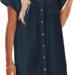 Zeagoo Women's Summer Dress 2025 Cotton Button Down Short Sleeve Tshirt Dresses Casual Flowy V Neck Loose Mini Beach Dress